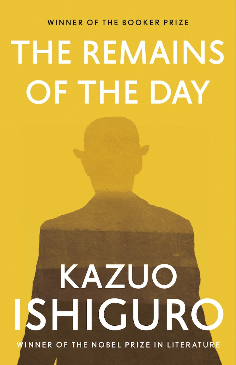 The Remains of the Day by Kazuo Ishiguro — yellow book cover with a silhouetted man
