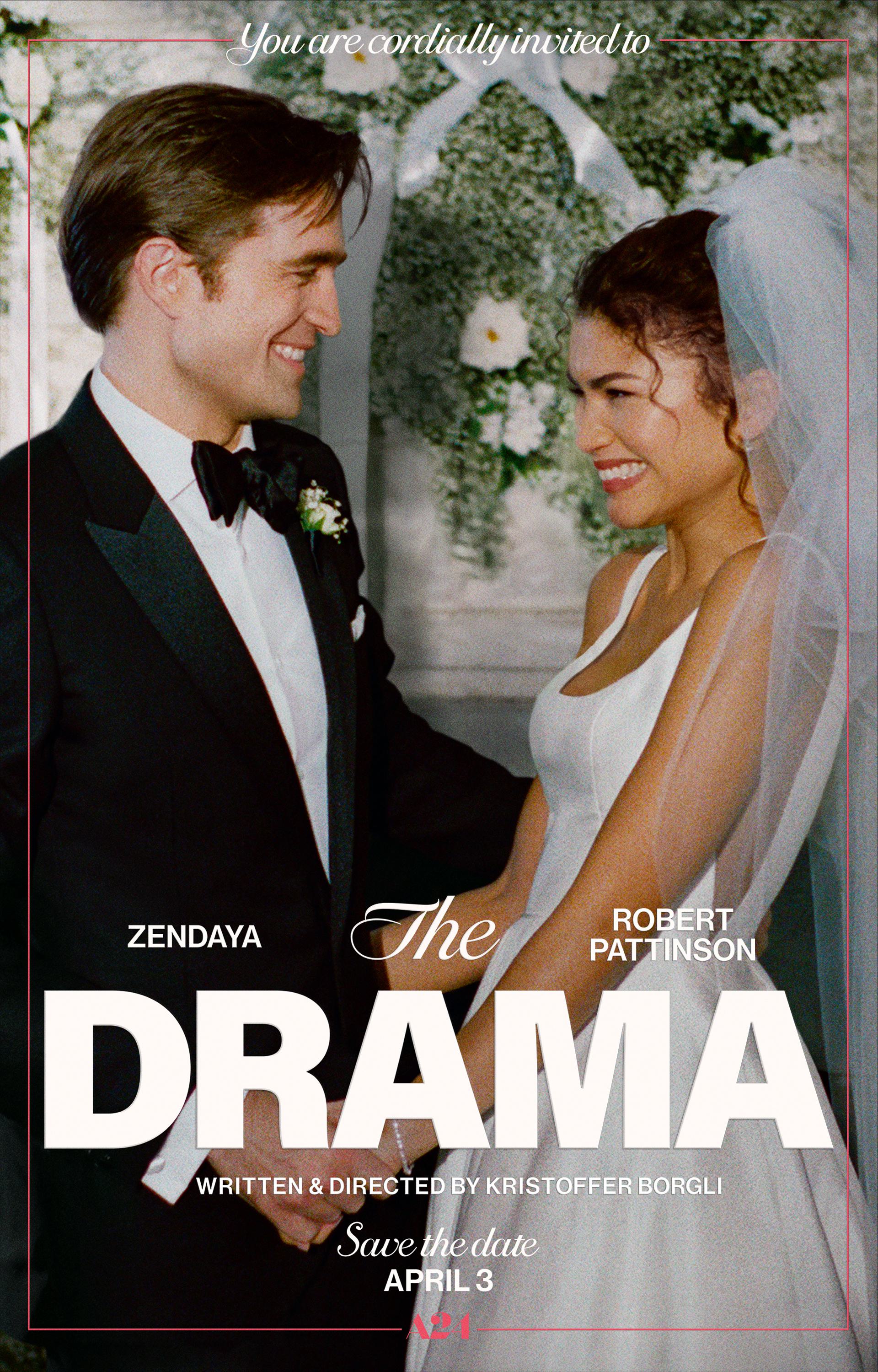 Official The Drama poster featuring Zendaya and Robert Pattinson in wedding attire