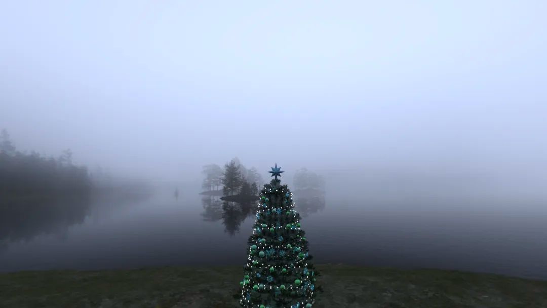 A glowing Christmas tree in a misty lakeside visionOS environment